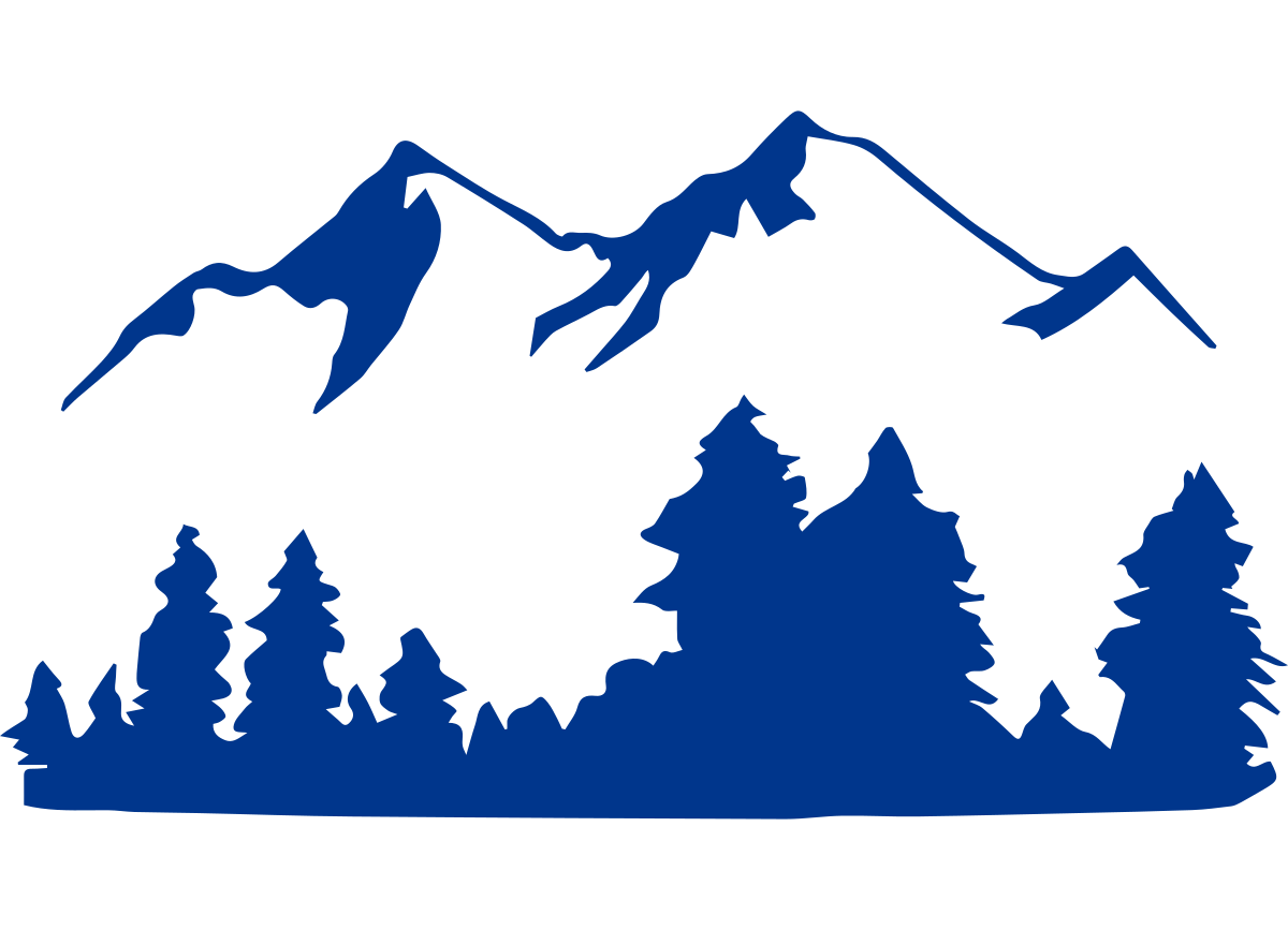 Silhouette of majestic mountains above a dense forest of coniferous trees, symbolizing nature’s beauty and outdoor adventure.