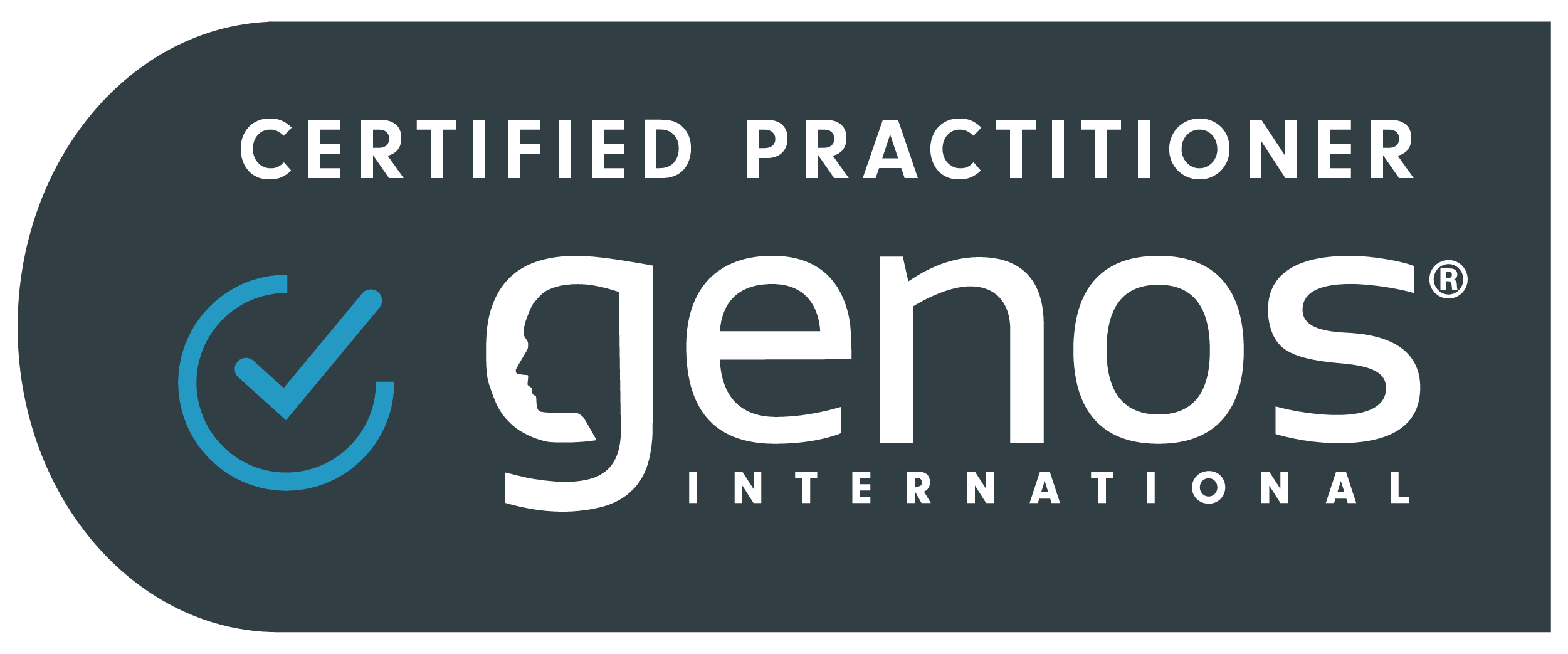 Genos International certified practitioner badge featuring a checkmark symbol, emphasizing credibility in emotional intelligence training programs.