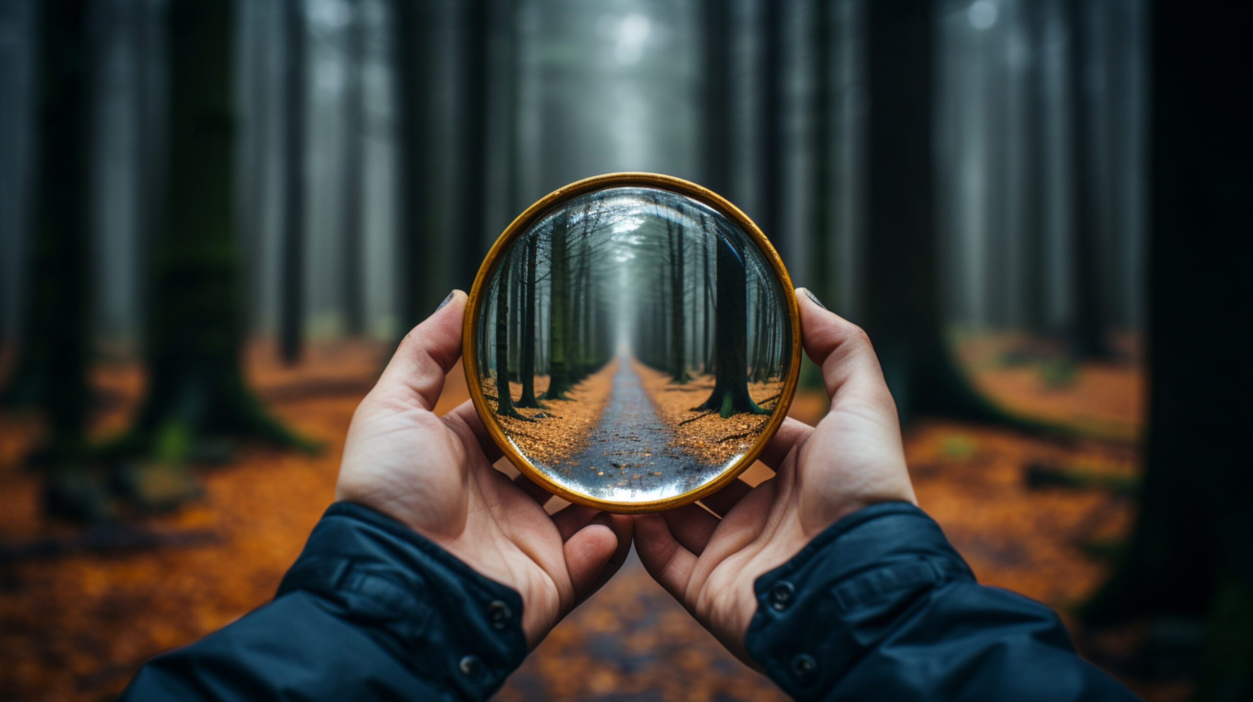 A person holding a circular mirror reflects a foggy forest path lined with autumn leaves, emphasizing the beauty of nature’s tranquility.
