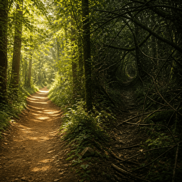 A serene forest path lined with tall trees and lush green grass, inviting exploration through nature.