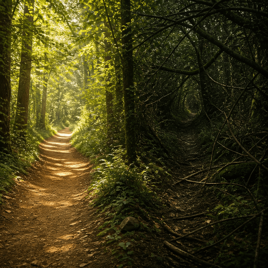 A serene forest path lined with tall trees and lush green grass, inviting exploration through nature.