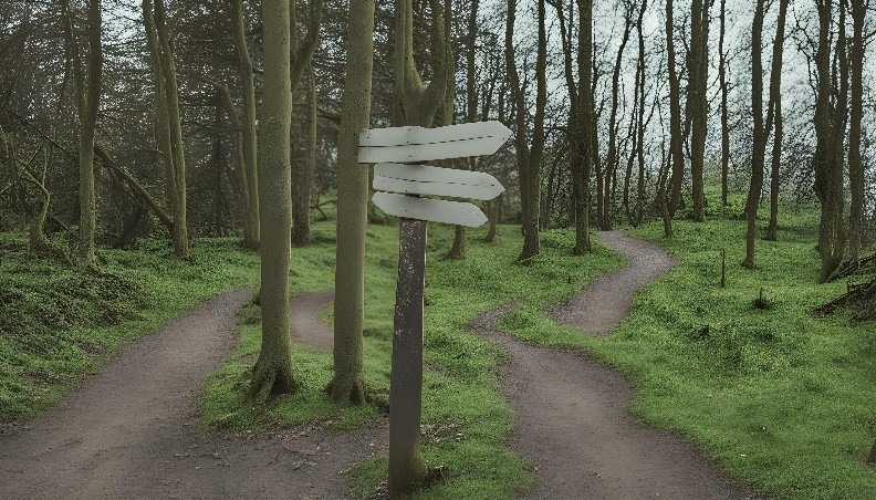 A weathered signpost stands at a fork in a misty forest, indicating multiple winding paths, symbolizing choices and directions.