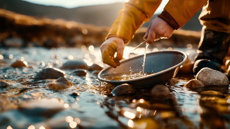 A person with gloved hands pans for gold in a shallow stream, carefully washing gravel while sunlight glimmers on the water.